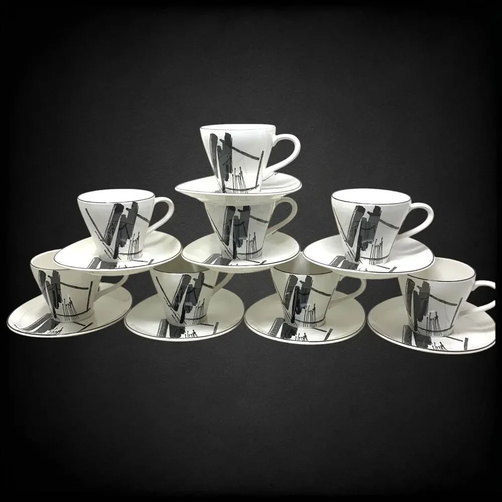 Vintage 1986 Sango Larry Laslo Calligraphy 8 Cup Saucer Sets 16 Pc Postmodern